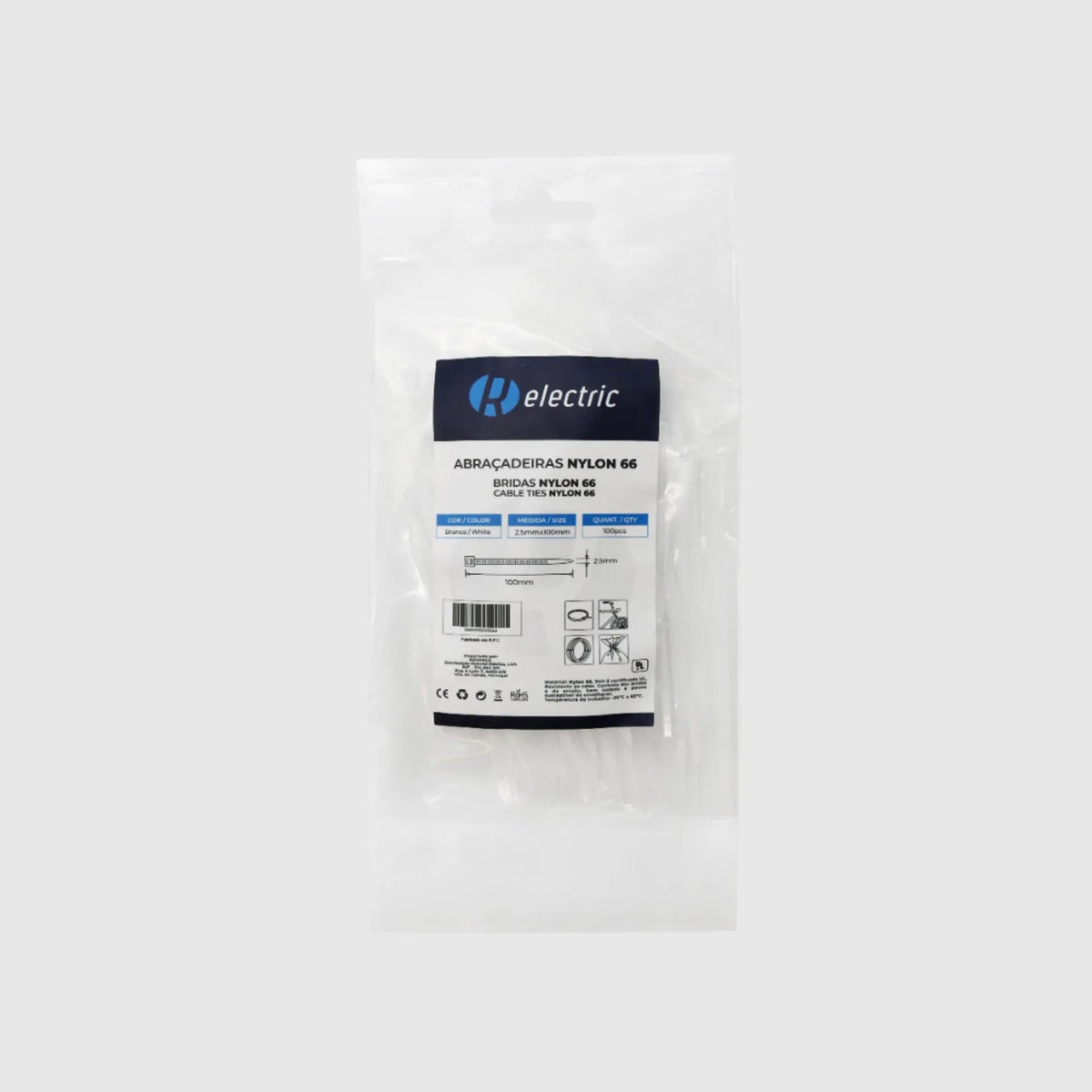 Bridas de nailon 66 - Pack de 100 Blanco 2,5 × 100 mm