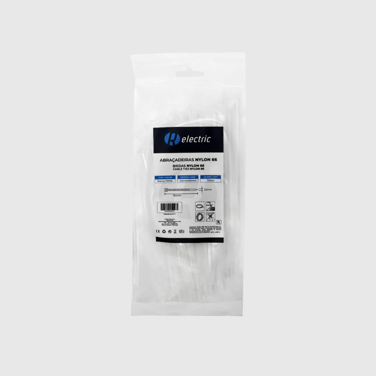 Bridas de nailon 66 - Pack de 100 Blanco 2,5 × 150 mm