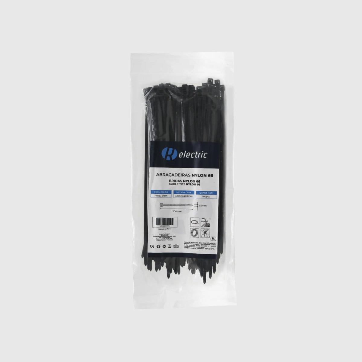 Bridas de nailon 66 - Pack de 100 Negro 3,6 × 200 mm