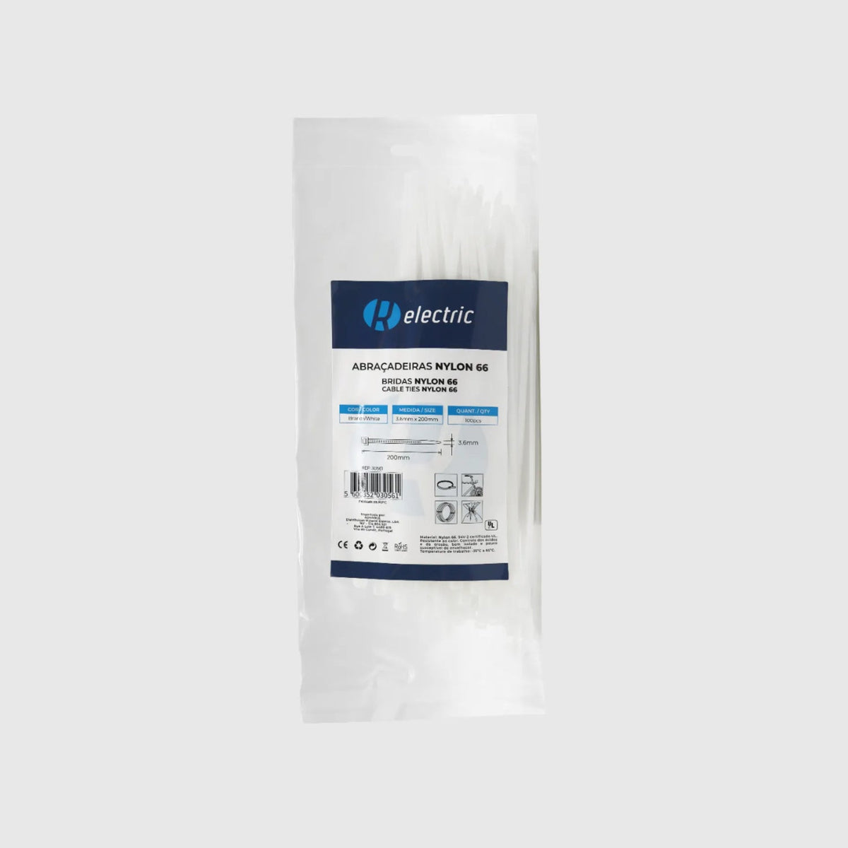 Bridas de nailon 66 - Pack de 100 Blanco 3,6 × 200 mm