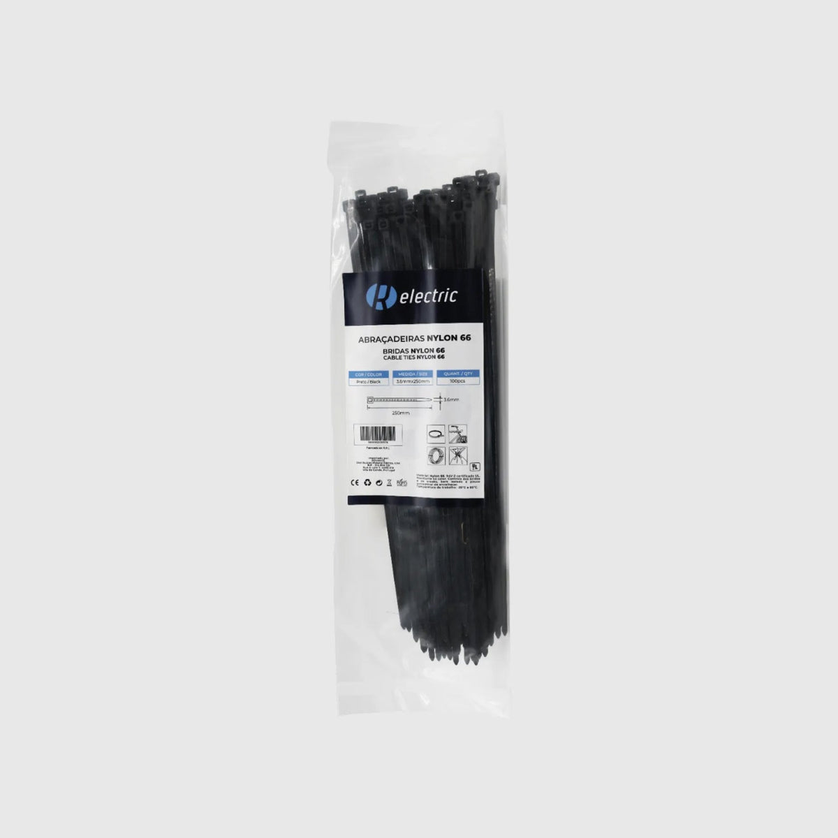 Bridas de nailon 66 - Pack de 100 Negro 3,6 × 250 mm