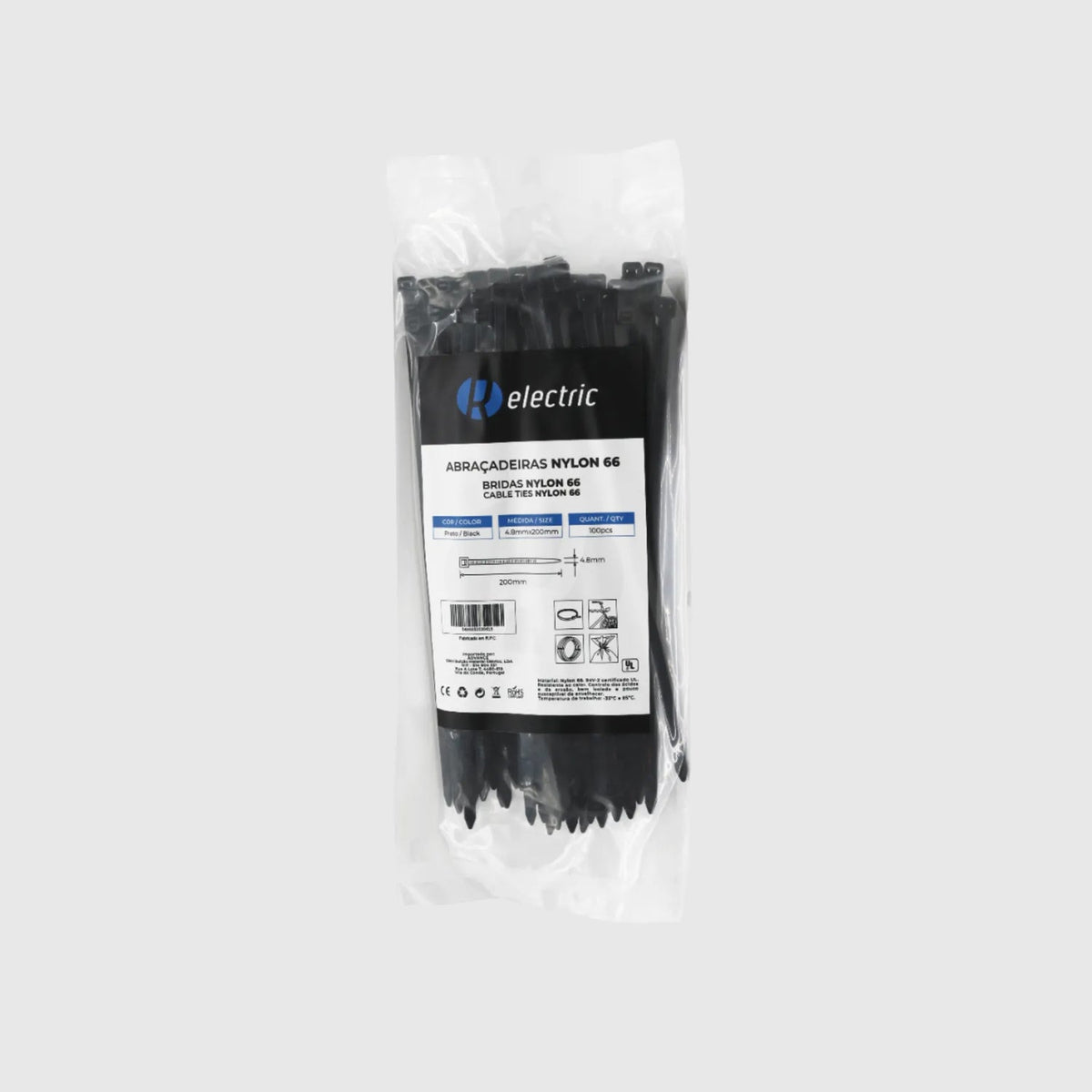 Bridas de nailon 66 - Pack de 100 Negro 4,8 × 200 mm