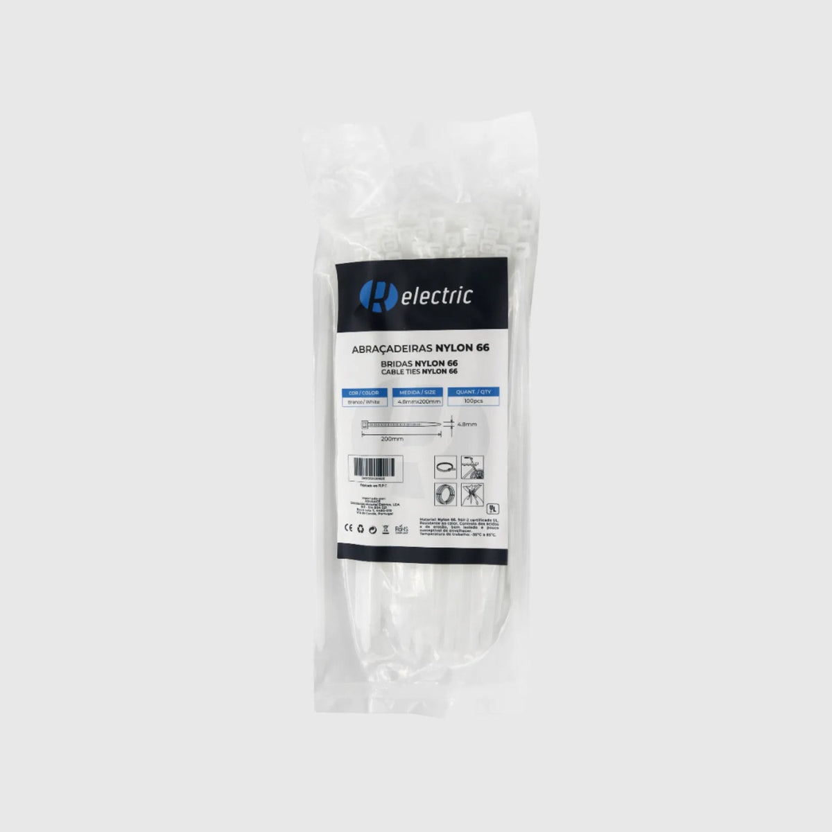 Bridas de nailon 66 - Pack de 100 Blanco 4,8 × 200 mm