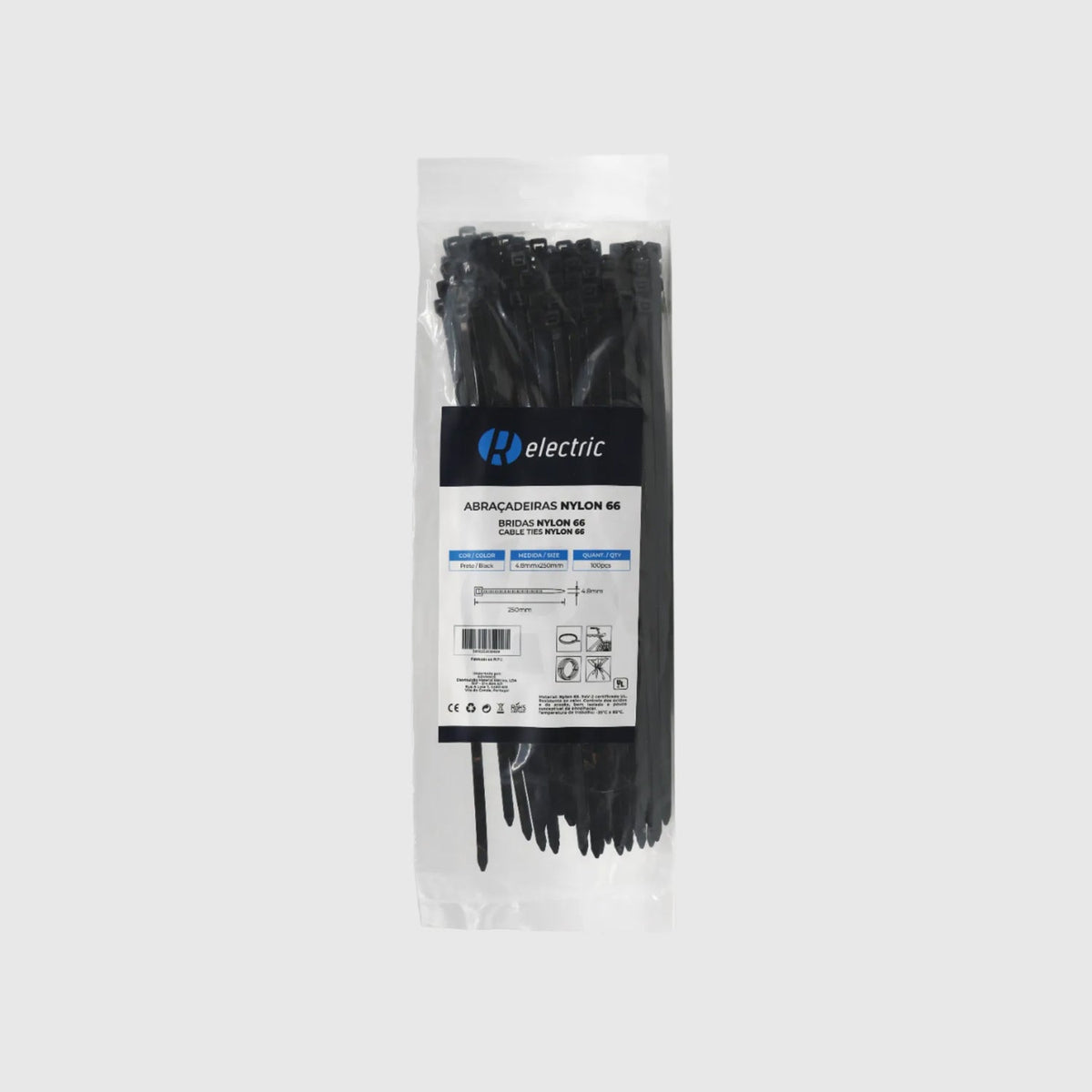 Bridas de nailon 66 - Pack de 100 Negro 4,8 × 250 mm