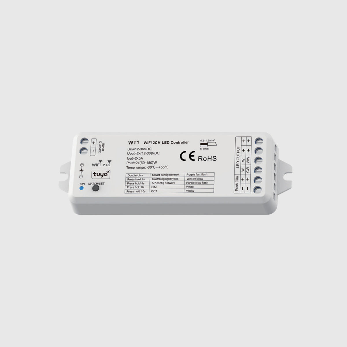 Controlador Wifi Y RF Aplicación Tuya + RF2.4GHZ + Pushdim (2x60W, 12V|2x120W, 24V|2x180W, 36V) - 32978 - imagen 1