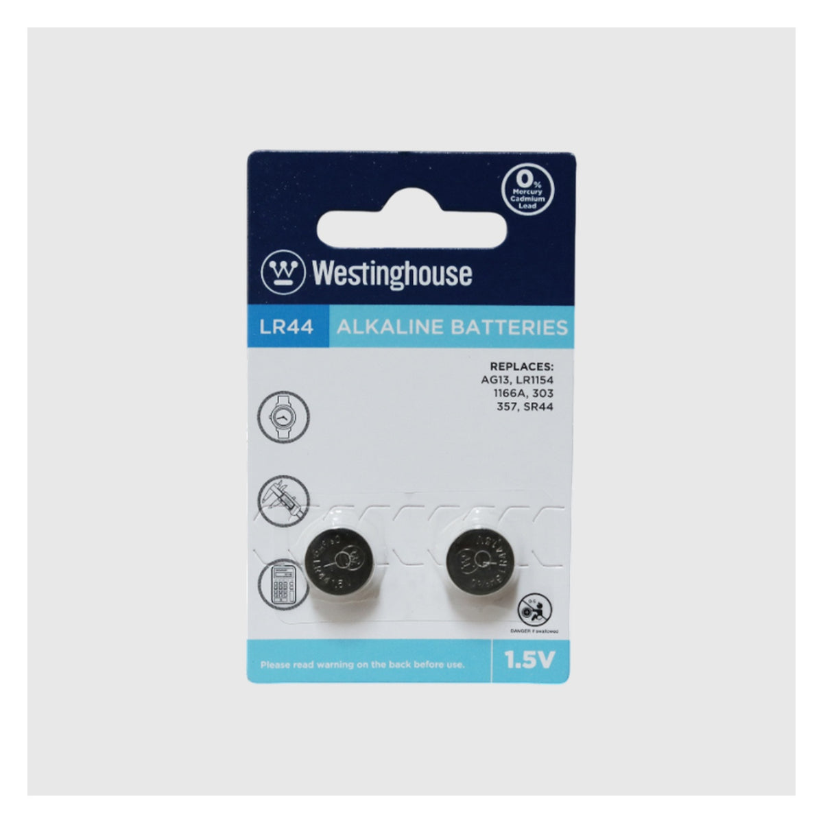 Pila alcalina Westinghouse LR44 / AG13 blíster de 2 unidades — vista principal — SKU AG13-BP2