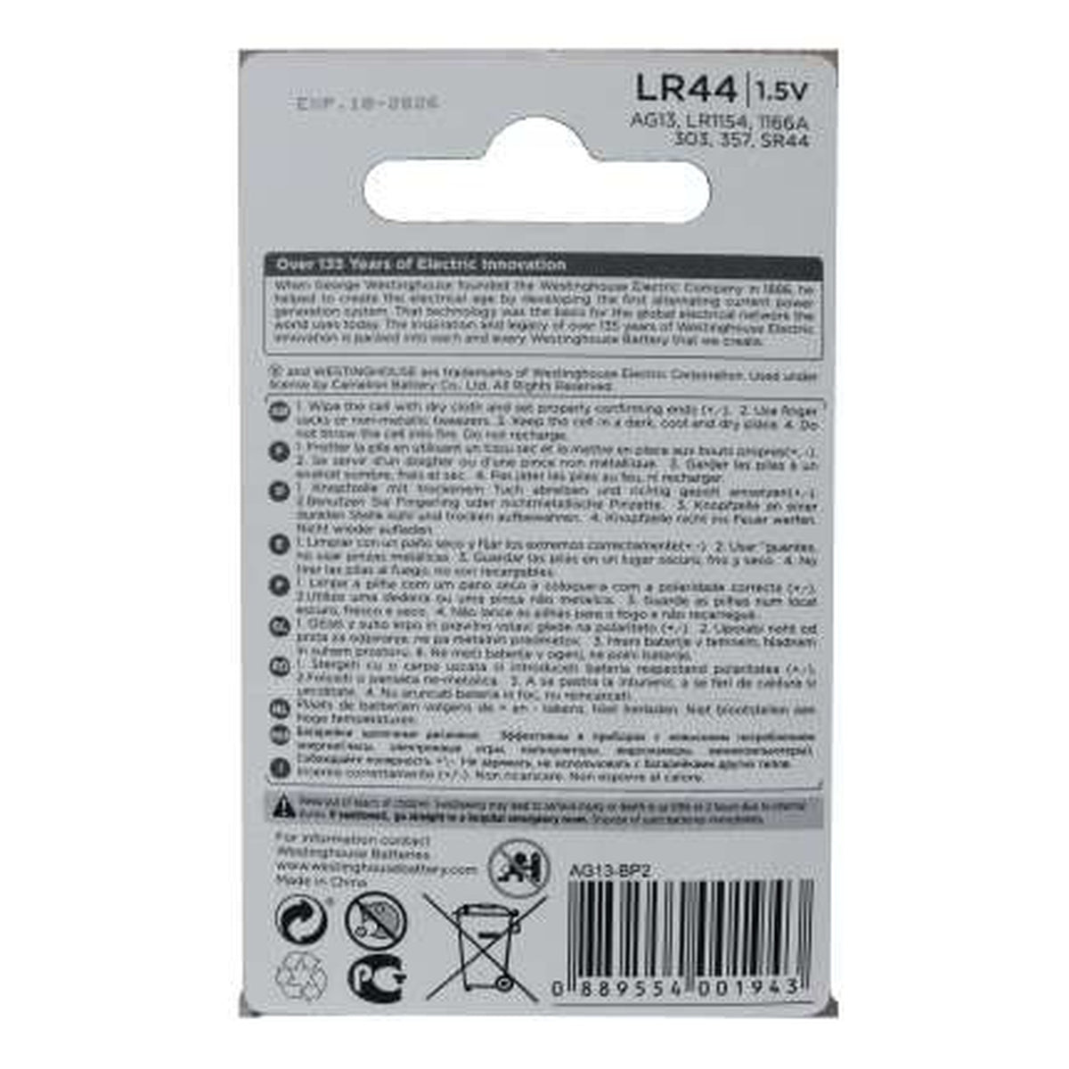 Pila alcalina Westinghouse LR44 / AG13 blíster de 2 unidades — detalle — SKU AG13-BP2