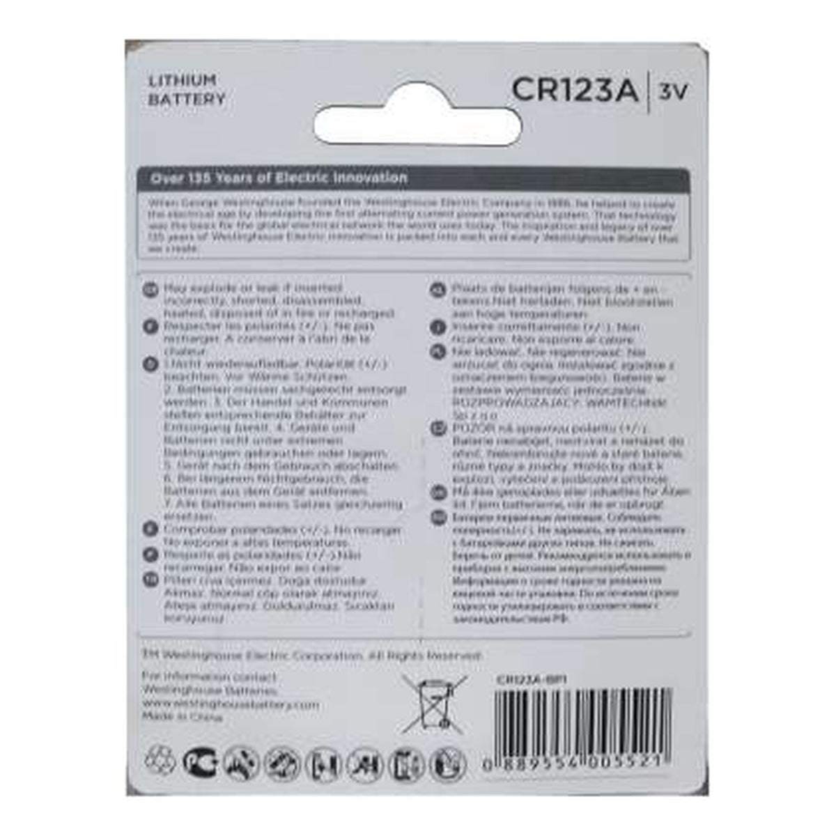 Pila de litio Westinghouse CR123A blíster de 1 unidad — detalle — SKU CR123A-BP1