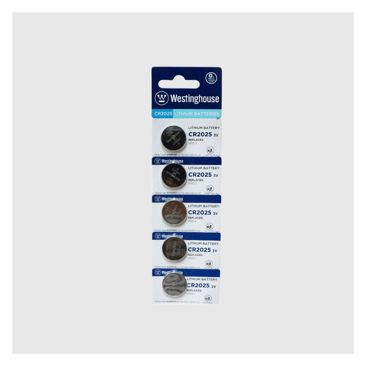 Pila de litio Westinghouse CR2025 blíster de 5 unidades — vista principal — SKU CR2025-BP5