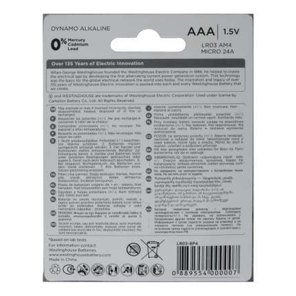 Pila alcalina Westinghouse AAA blíster de 4 unidades — detalle — SKU LR03-BP4